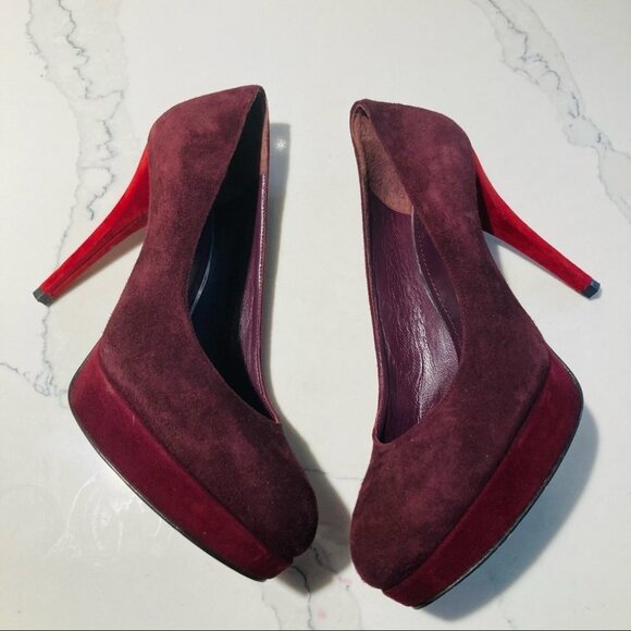 STUART WEITZMAN Sz 8.5 Burgundy Red Suede Heels Platform Woodgrain Design Shoes - Picture 4 of 10